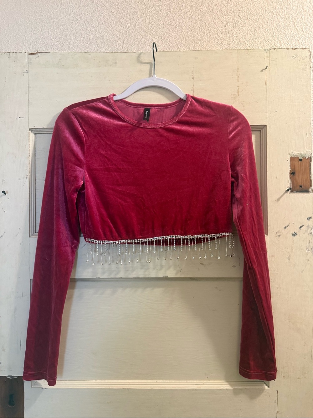 Impulsive Pink Velvet Rhinestone Fringe Crop Top Small Y2K